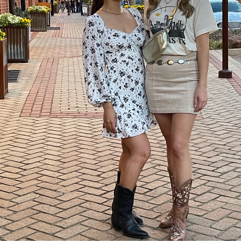 White & Black Floral Long-Sleeve Mini Dress
